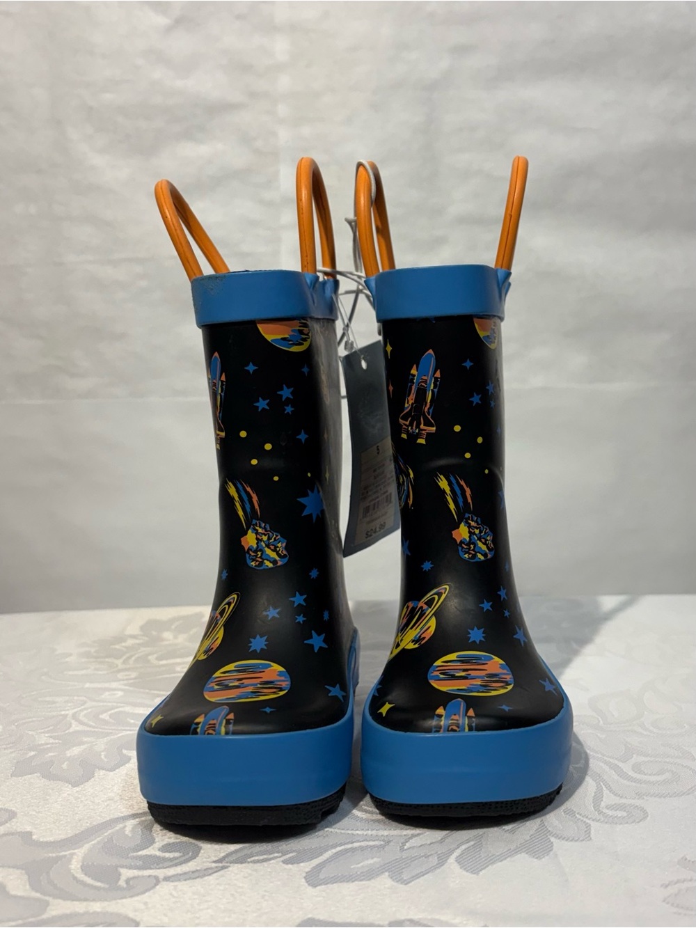Cat & Jack Black Space Rain Boots with Blue Trim and Orange Handles